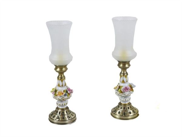 Pair of Porcelain, Silver and Glass Table Lamps