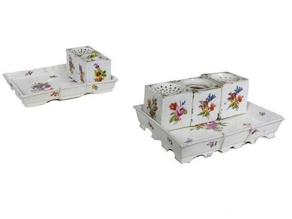 Pair of Painted Porcelain Rectangular Trays for Inkstand