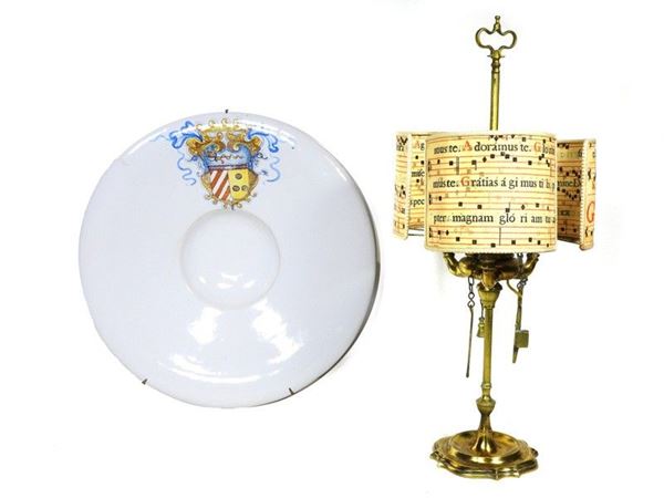 Brass Florentine Lamp and Majolica Plate