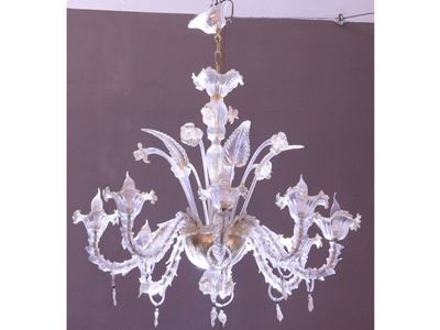 Lampadario in Vetro Soffiato Incolore con Inclusioni Dorate