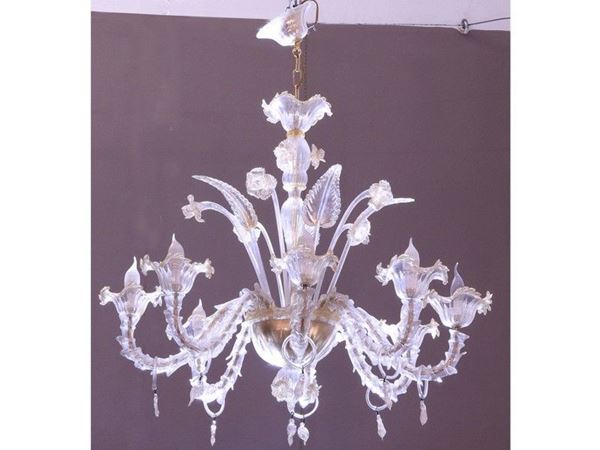 Uncoloured and Gilded Blown Glass Chandelier