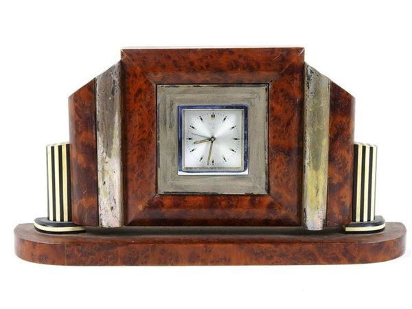 Burr, Silver and Ivory Mantel Clock, Art Deco Period
