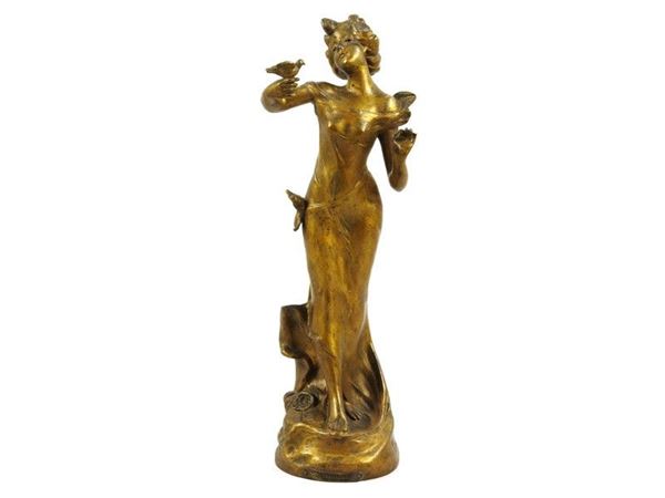 Gilded Metal Figure of a Young Lady with Dove