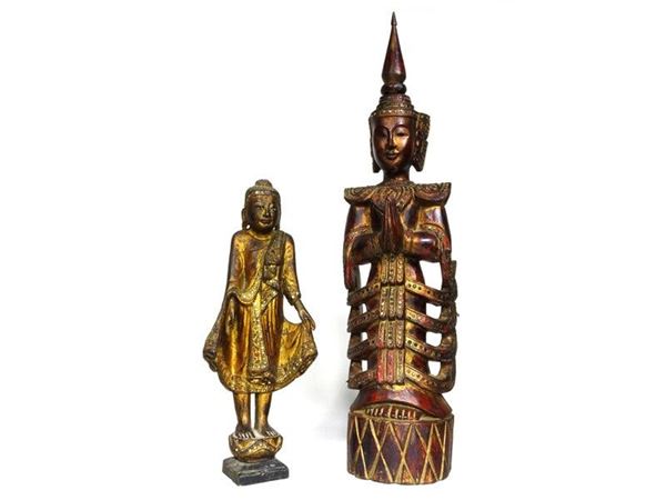 Two Painted Wooden Sculptures of Oriental Divinities