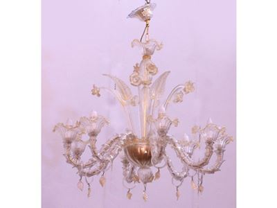 Lampadario in Vetro Soffiato Incolore con Inclusioni Dorate