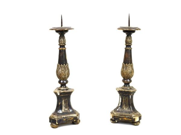 Pair of Small Lacquered and Giltwood Prickets