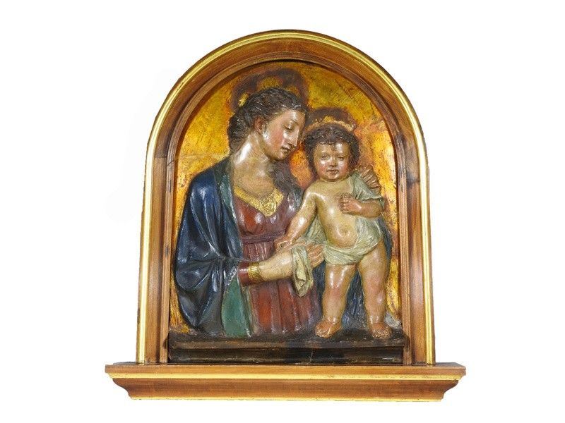 Placca Ad Altorilievo in Gesso Policromo