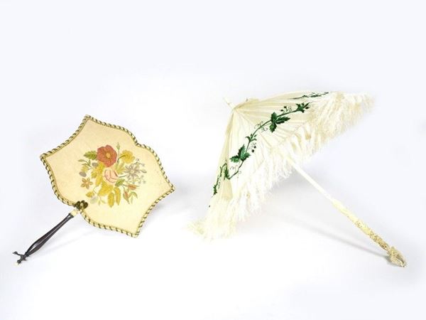 A Carved Ivory and Silk Parasol and an Embroidered Fan