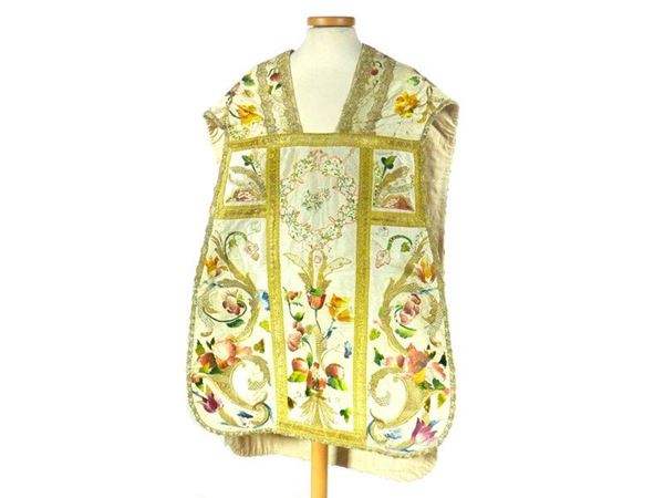 An Antique Embroidered Silk Chasuble and a Corporal