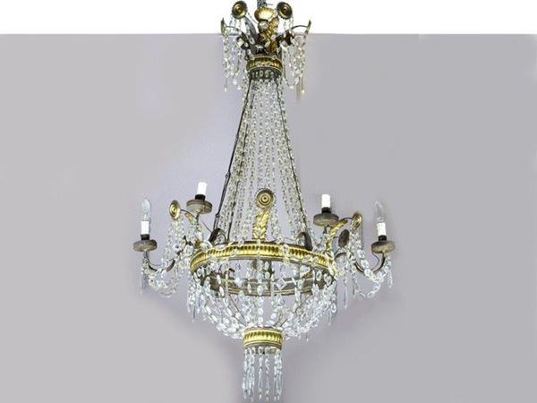 Gilded Metal and Glass Empire Chandelier