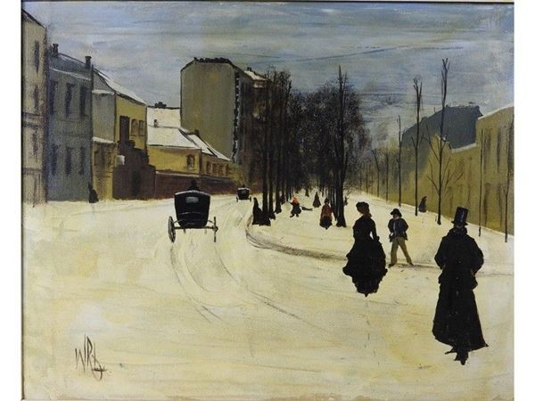 French School of mid of 20th Century, View of a Snowy Town with Figures