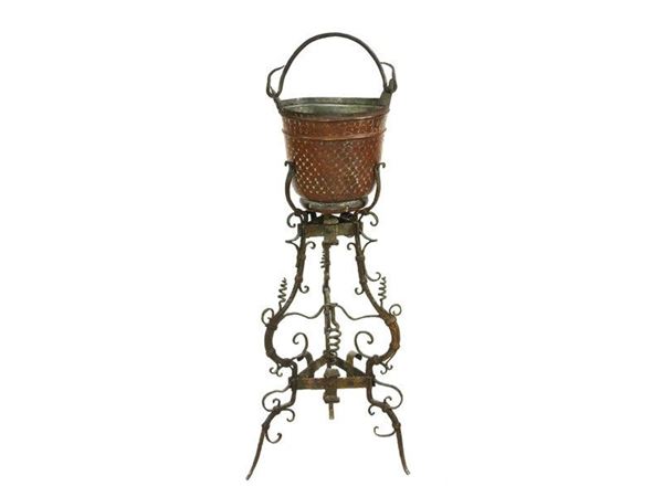 Old Copper Bucket with Wrought Iron Tripode