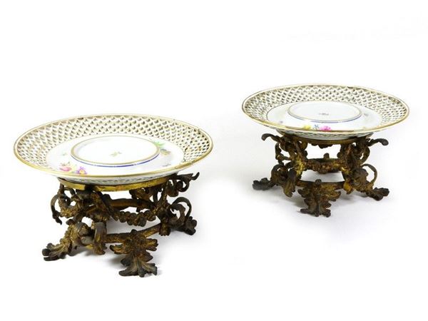 A Set of Four Gilded Bronze and Painted Porcelain Pedestal Bowls