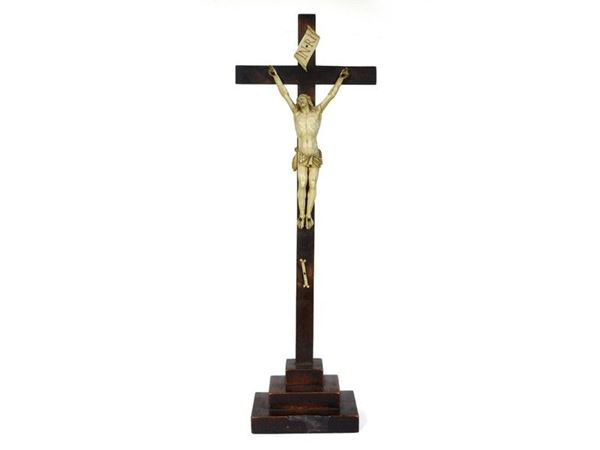 Carved Ivory Figure of the Crucified Christ on Wooden Cross