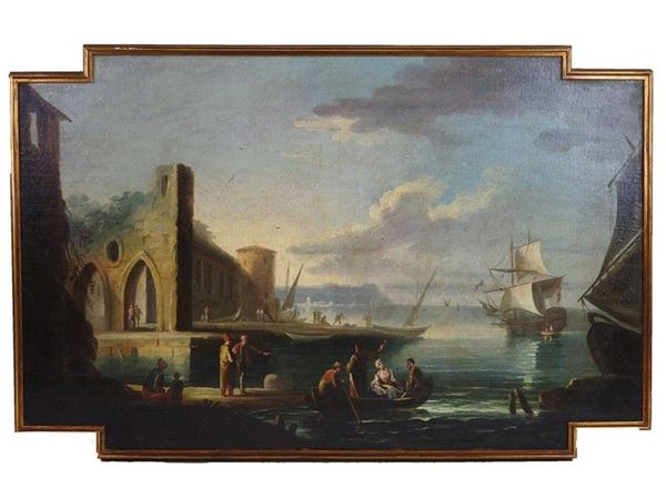 French School of late 19th Century, View of a Port with Figures and Boats