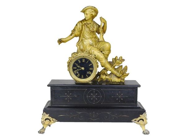 Lacquered Metal and Black Marble Pendulum Mantel Clock