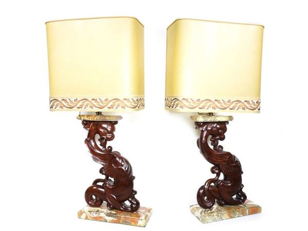 Pain of Mahogany and Marble Table Lamps