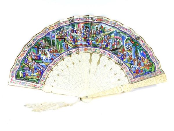 Oriental Ivory and Painted Paper Fan