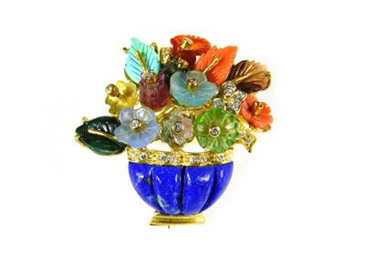 Spilla in Oro Giallo, Pietre Dure e Piccoli Diamanti