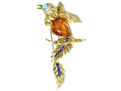 Spilla in Oro Giallo, Quarzo Citrino, Zaffiro, Turchese e Diamanti