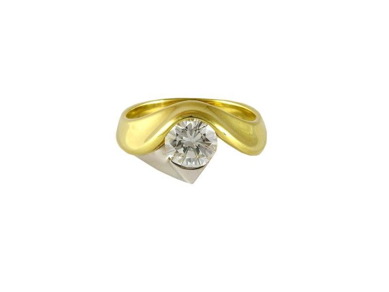 Anello Solitario in Oro Giallo, Oro Bianco e Diamante