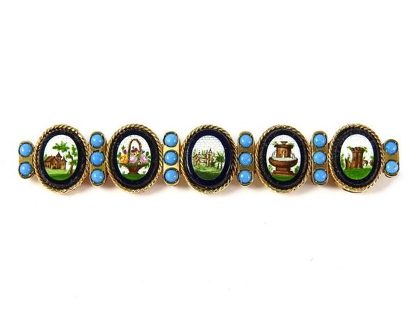 Yellow gold bar brooch with five painted glasses looking as Roman mosaics