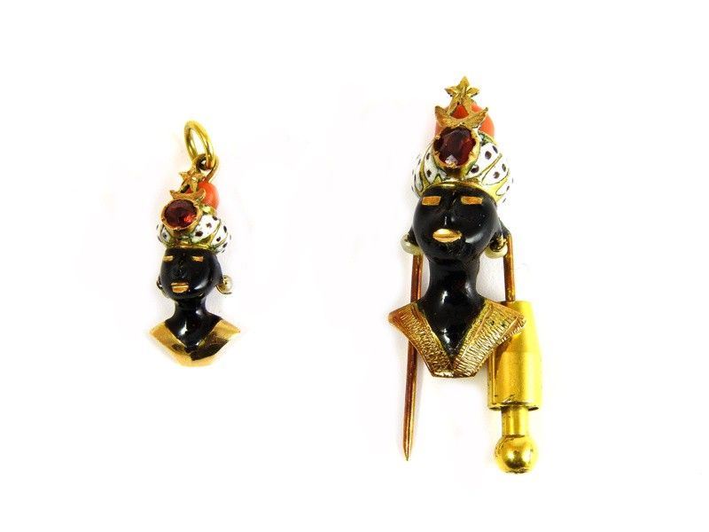 Parure D'epoca in Oro Giallo, Smalti, Rubini, Piccole Perle e Corallo