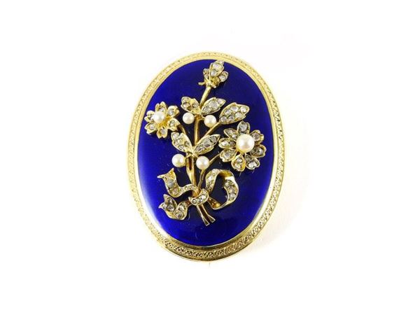 Yellow gold, blue enamel, diamonds and pearls floral motiv brooch