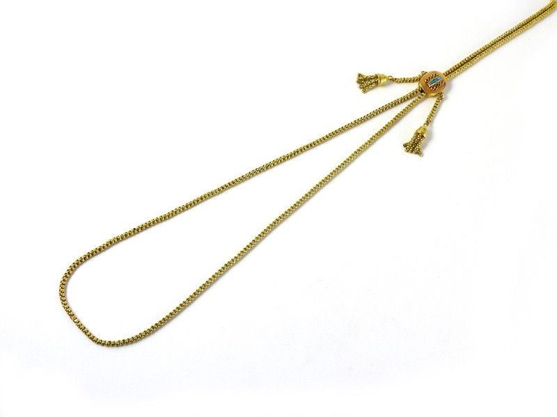 Lunga Catena Saliscendi a Maglia Morbida in Oro a Basso Titolo con Paste Vitree Azzurre