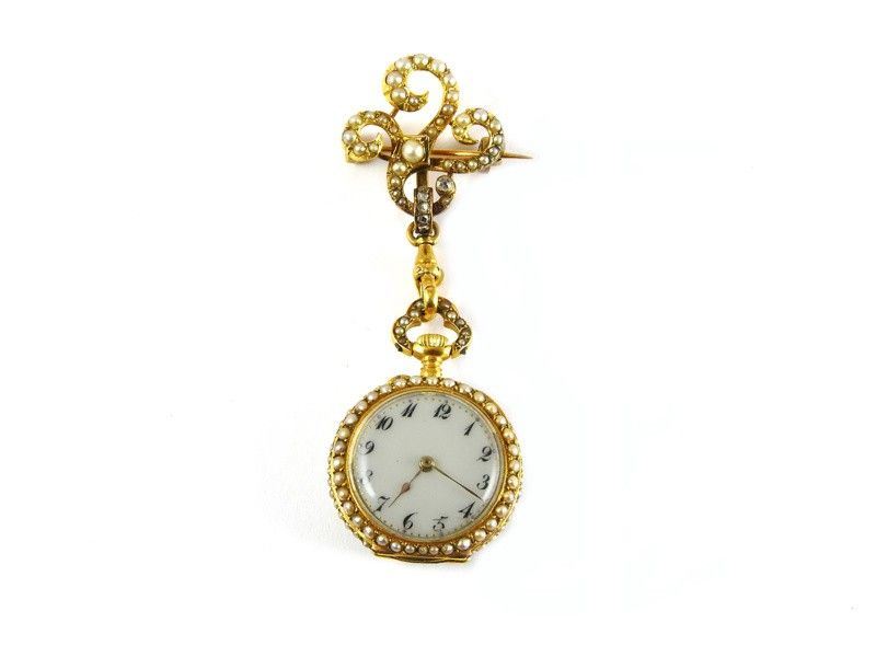 Orologio-spilla in Oro Giallo e Piccole Perle