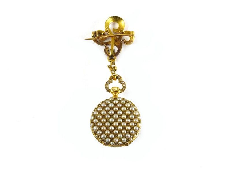 Orologio-spilla in Oro Giallo e Piccole Perle