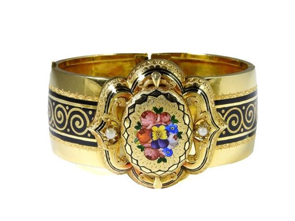Yellow gold and multicolored enamels bangle