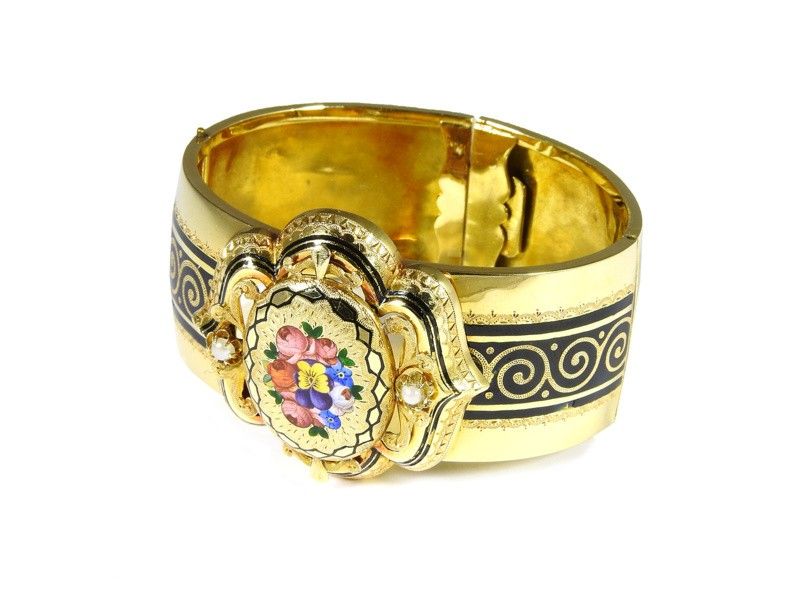 Bracciale a Schiava Rigido in Oro Giallo e Smalti Policromi