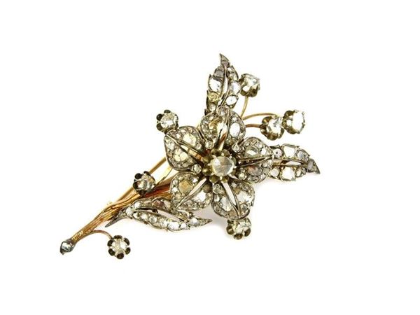 Yellow gold and silver floral motiv brooch