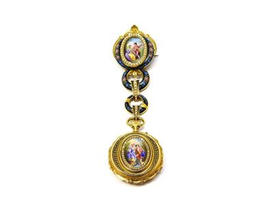 Orologio-spilla in Oro Giallo, Miniature a Smalto e Perle