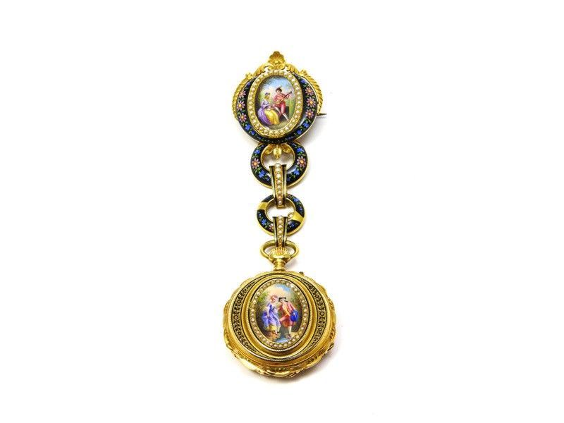 Orologio-spilla in Oro Giallo, Miniature a Smalto e Perle