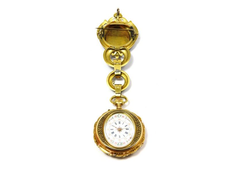 Orologio-spilla in Oro Giallo, Miniature a Smalto e Perle