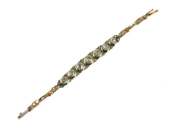 Yellow gold and silver old bracelet set with diamonds