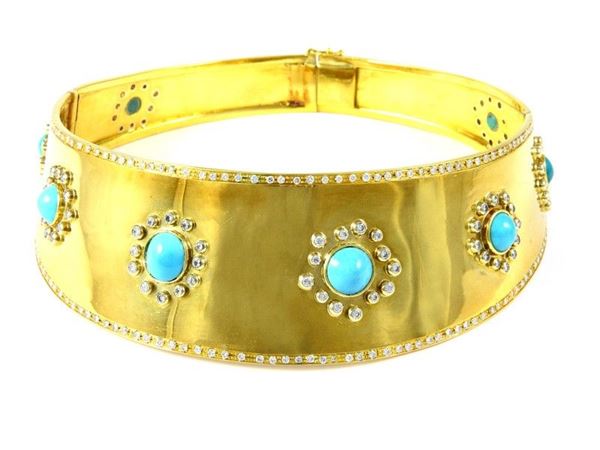 Parure of yellow gold, diamonds and turquoises collar and earrings