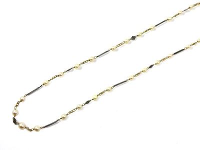 Lunga Catena in Oro Giallo, Argento, Smalto e Perle Coltivate Akoya