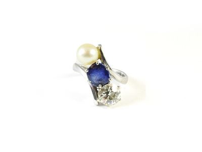 Anello in Oro Bianco, Diamante, Zaffiro e Perla