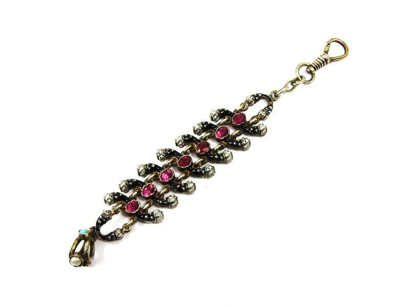 Catena per Orologio in Argento, Smalti e Pietre Rosse