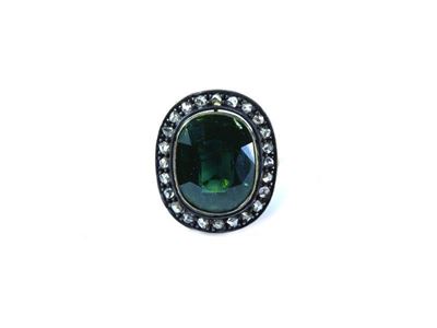 Anello in Oro Giallo, Argento, Zaffiro Ovale e Diamanti