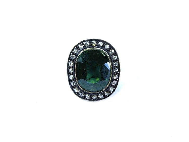 Anello in Oro Giallo, Argento, Zaffiro Ovale e Diamanti