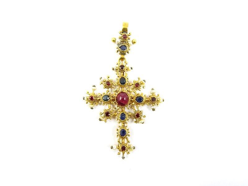 Pendente in Oro Giallo a Basso Titolo, Zaffiri, Rubini e Perle