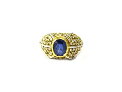 Anello in Oro Giallo, Zaffiro e Diamanti