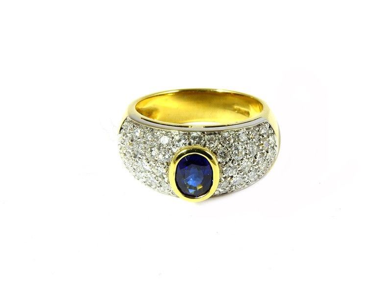 Anello in Oro Giallo, Oro Bianco, Zaffiro e Diamanti