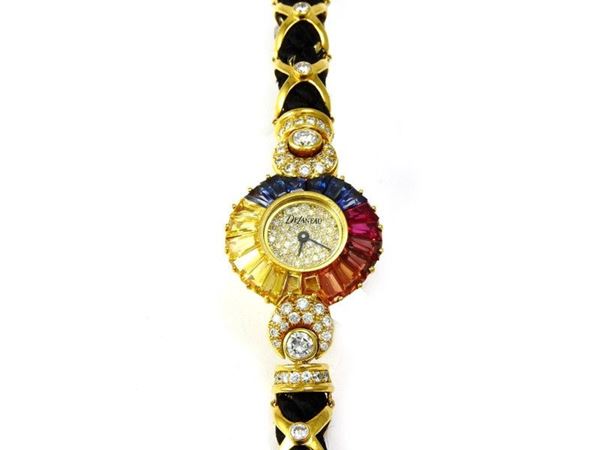 Quartz yellow gold lady's wristwatch set with diamonds, rubies, sapphires and yellow sapphires