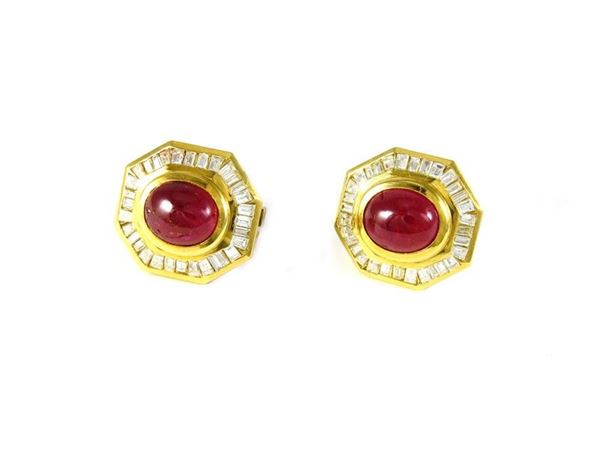 Cusi yellow gold earrings with rubies and diamonds