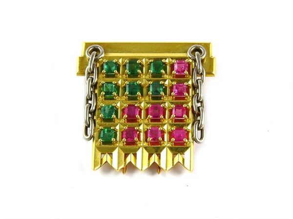 Yellow and white gold brooch set with emeralds and rubies